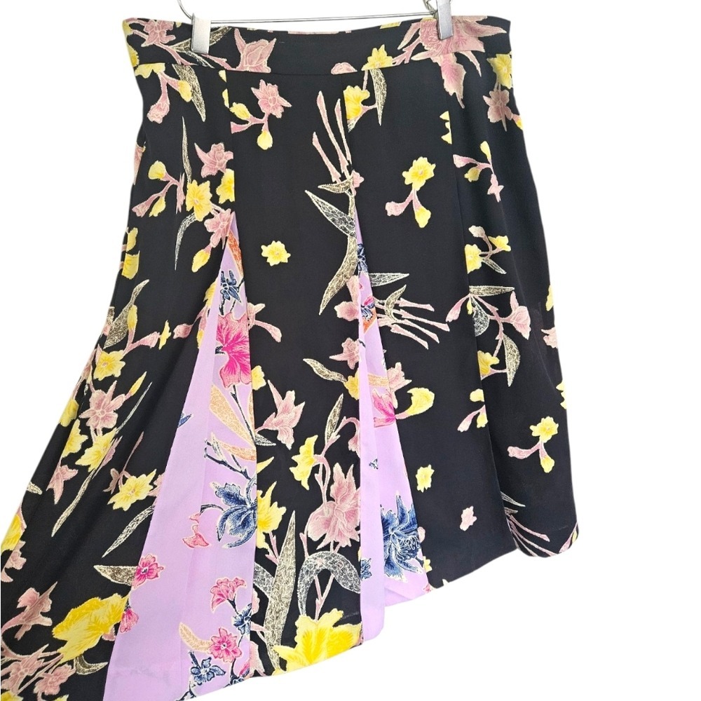 DVF Diane Von Furstenberg Opal‎ Pleated Black Purple Floral Crepe Godet Skirt 14
